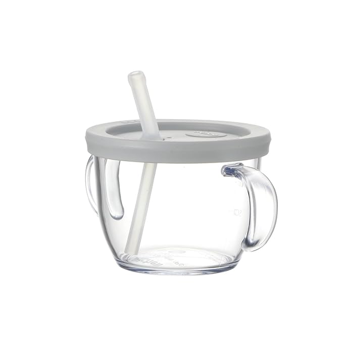 Push Flow Training Sippy Cup with Silicone Straw and Handles, 5 oz, for baby 6 month+ Light Gray