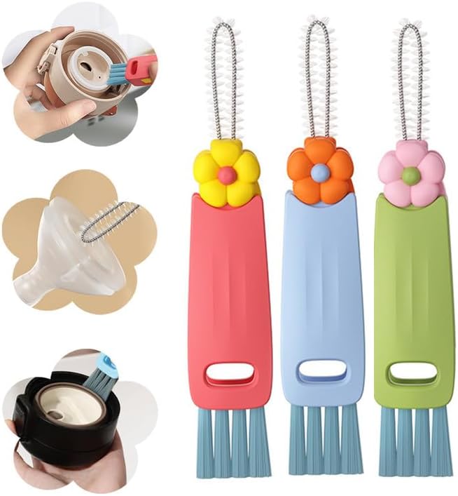 Moonboat 3 in 1 Cup Lid Cleaning Brush, 2024 New Portable Crevice Cleaning Brush Set for Baby Bottle Gap Tight Spaces Cup, Rotatable Cup Lid Cleaner Cup Mouth Scrubber, A-3 Pcs