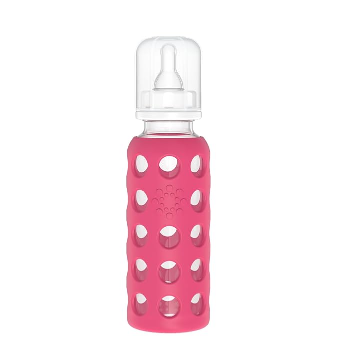 Lifefactory 9-Ounce Glass Baby Bottle with Stage 2 Nipple and Protective Silicone Sleeve Raspberry