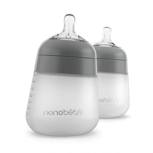 Nanobebe Flexy Silicone Baby Bottle, Anti-Colic, Natural Feel, Non-Collapsing Nipple, Non-Tip Stable Base, Easy to Clean 2-Pack, Grey, 9oz