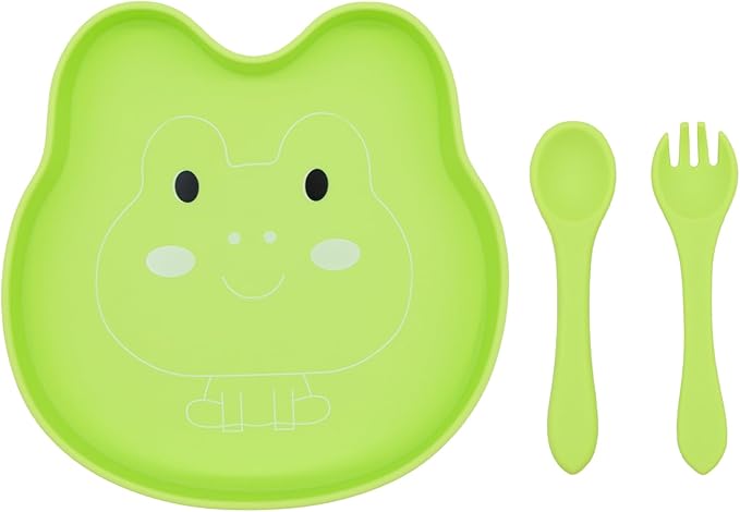 BabyX Baby Silicone Feeder Set, 3-pcs Home Critter-themed Baby Plate with Suction, Spoon and Fork for Babies Toddler Kids, BPA-Free, Baby Utensils Feeding Supplies, Microwave and Dishwasher Safe