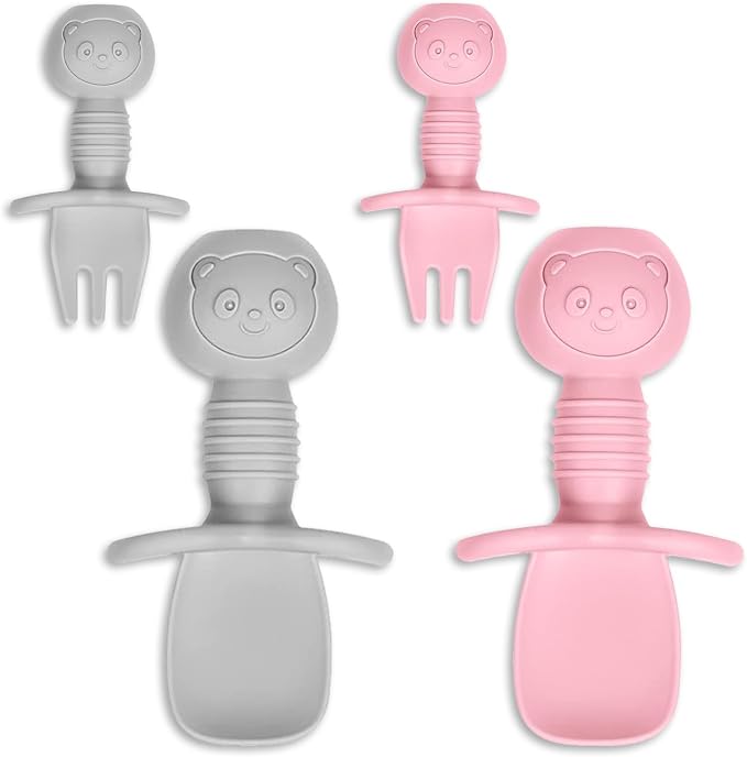 2 PCS Baby Silicone Spoons Infant, Toddler, & Kid Friendly Utensils - First Stage, Baby Led Weaning - 4 Pack Utensil Set (Pink + Grey)