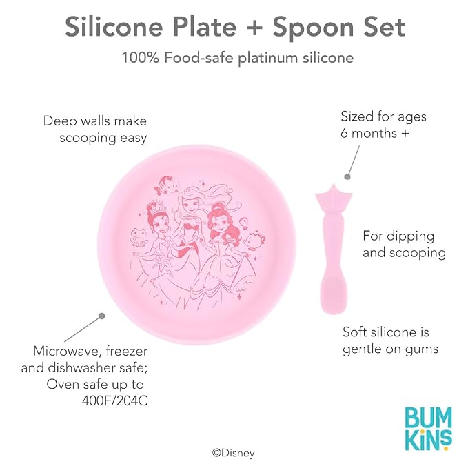 Bumkins Disney Baby and Toddler Plate and Spoon Set, Silicone Dish for Babies and Kids, Baby Led Weaning, Children Feeding Supplies, Microwave Safe, Platinum Silicone, Ages 6 Months Up, Princess