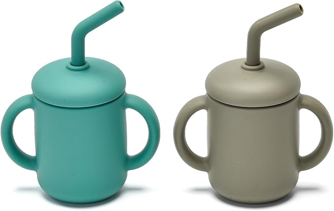 2 Pack 100% Silicone Baby Sippy Cups Tiny Silicone Drinking Training Cup with Handles & Straw for Baby and Toddler (grey，green)