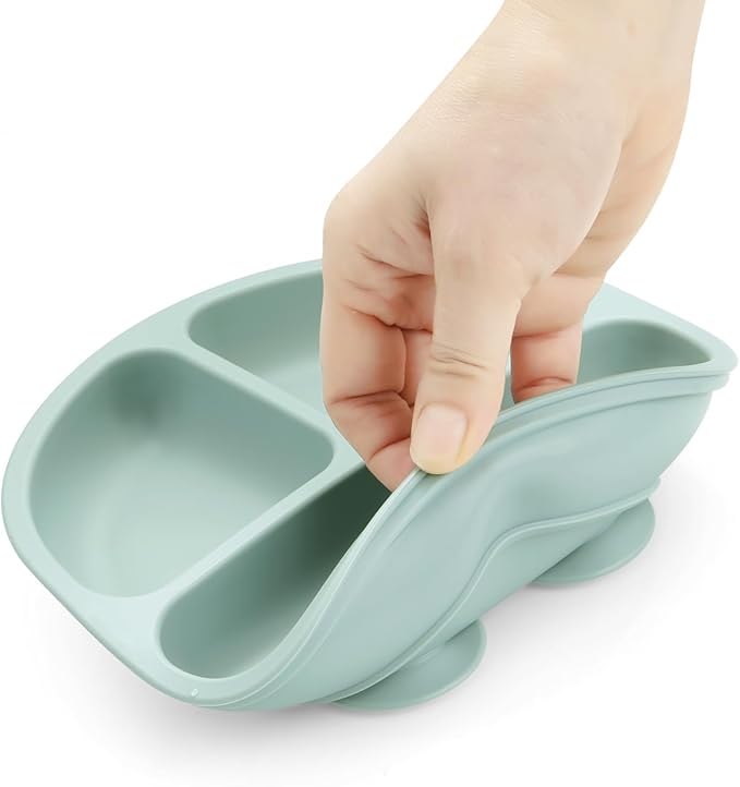 PandaEar Baby Feeding Set| 2 Pack Silicone Divided Suction Plate, 2 Set Toddler Spoons & Forks| Baby Led Weaning Supplies Self Feeding Eating Utensils (Green & White)