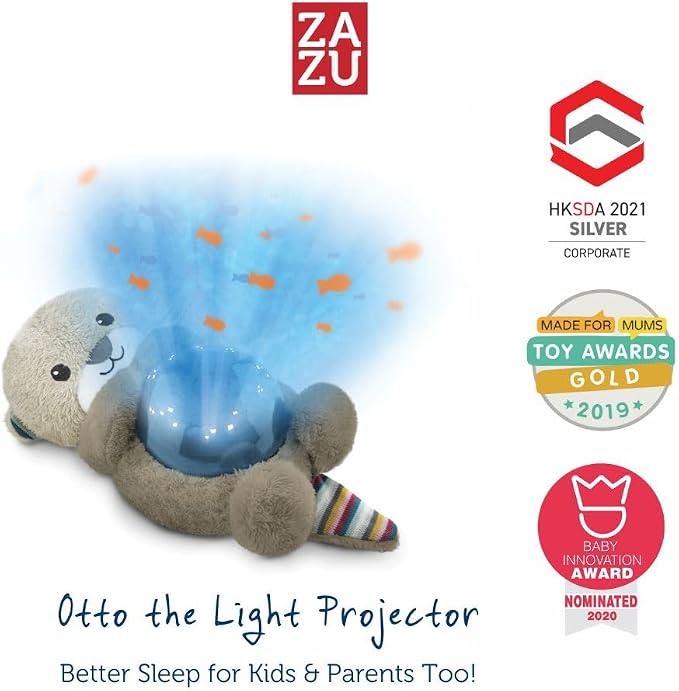 Zazu Kids Otto The Otter LED Night Light Projector - Ocean Theme with Moving Fishes, Waves and Soothing Melodies, Battery-Operated Portable Baby Soother, 3 Steps Sleep Program, 5 Sounds, Cry Sensor