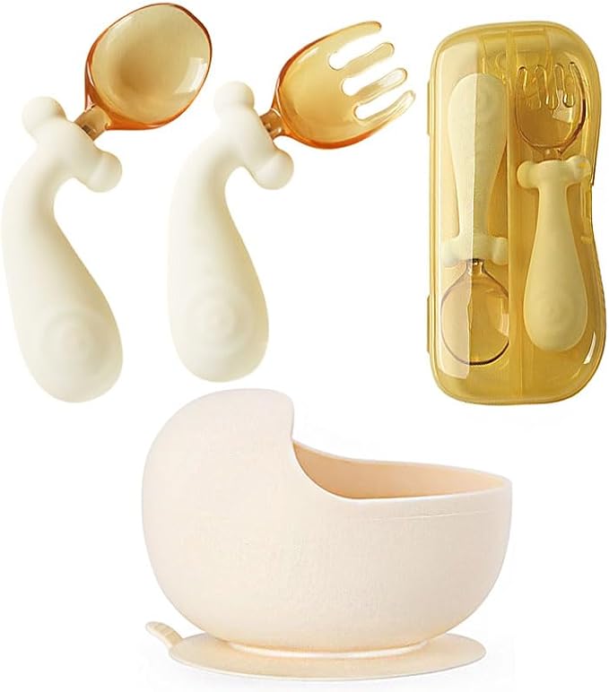 Baby Silicone Spoon & Fork Set with 360° Bendable Utensils, Suction Bowl, BPA-Free PPSU Case Included, Self-Feeding Training Set for Infant & Toddler (Milk White)