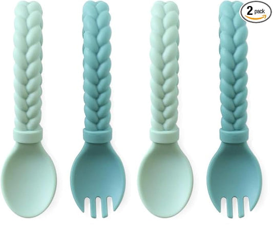 Itzy Ritzy Silicone Spoon & Fork Set; Baby Utensil Set Features A Fork and Spoon with Looped, Braided Handles; Made of 100% Food Grade Silicone & BPA-Free; Ages 6 Months and Up, Mint (Pack of 2)