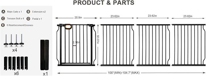 Baby Gates Extra Wide for Doorways 100-104.7 Inch Extra Wide Pressure Mounted Baby Dog Gate for the House Indoor Large Openning Metal Safety Gate No Drilling with Walk-Through Door,Black