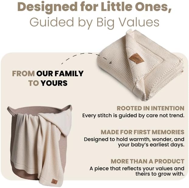 100% Organic Cotton Baby Knitted Blanket with Gift Box - Soft Toddler, Crib, Stroller Blanket - Neutral Swaddle and Receiving Blanket for Newborns, 30"x40", Beige