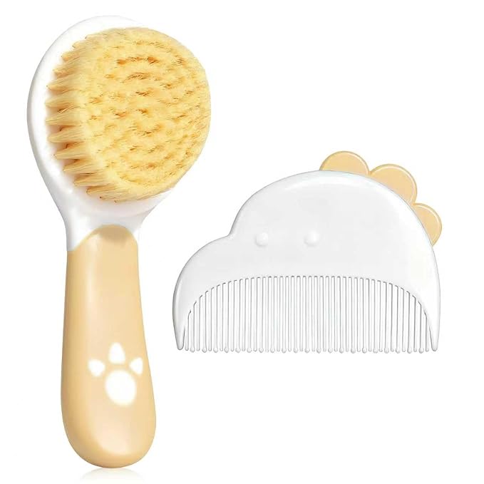 Baby Hair Brush and Comb Set, Soft Bristles Cradle Cap Brush for Newborns, Toddlers, Baby Registry Gift (Camel)