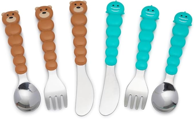 melii Toddler and Kid Feeding Spoon Fork & Knife Set, Stainless Steel ??Bulldog, Cat, Shark, Bear??BPA Free, Dishwasher safe (Bear & Shark 6pc)