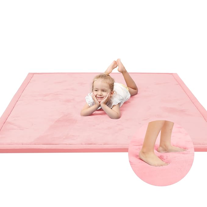 Baby Play Mat for Floor,1.3" Thick Memory foam Tummy Time Mat,Soft Coral Velvet Nursery Rug,Extra Large Non Slip for Crawling,Toddlers,Infants,kids,Yoga&Tatami Style for Living Room(Pink)