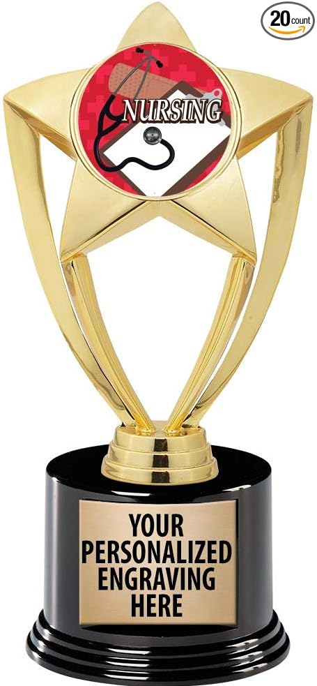 Crown Awards Nursing Trophy, 8" Gold Star Nursing Trophies with Deluxe Round Base Prime