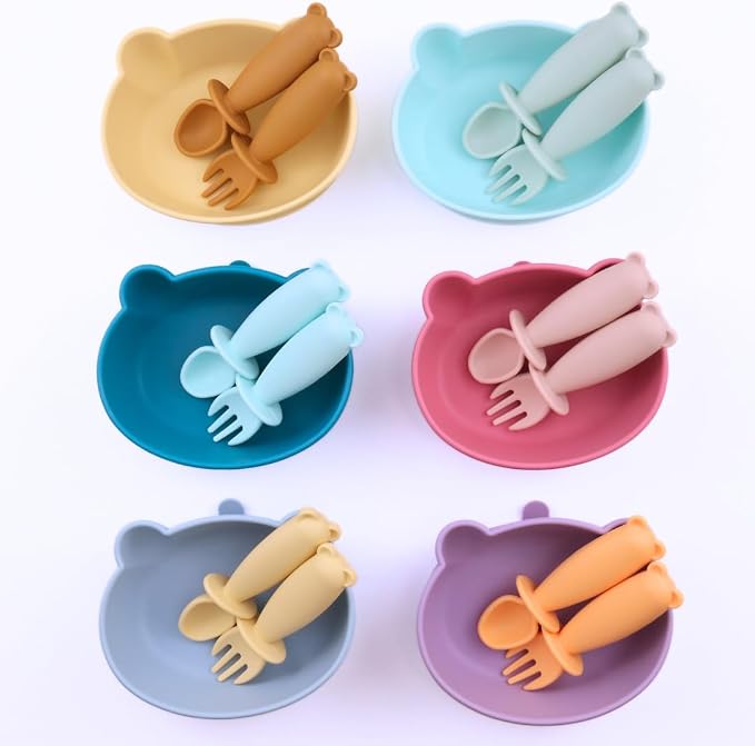 Silicone Bowl Suction with Spoon and Fork for Babies 6 months+ Suction Bowls for Baby Utensils 6-12M+ BLW Baby Essentials Newborn Essentials Must Haves (Aquamarine)