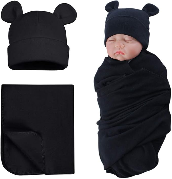 PESAAT Cotton Baby Swaddle Hat Set Newborn Infant Hats Receiving Blankets for Baby Boys Girls