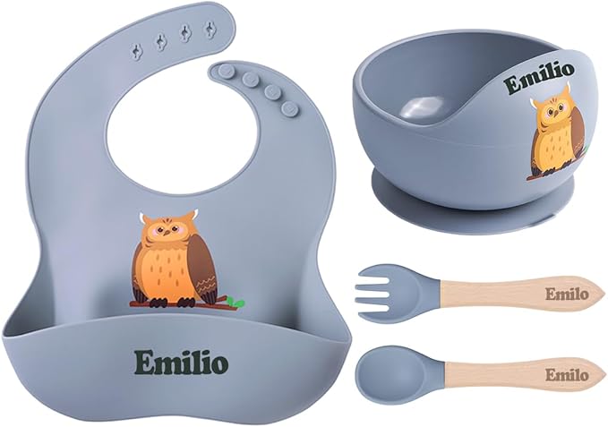 TYRY.HU Personalized Silicone Baby Feeding Set, Custom Baby Led Weaning Supplies Self Feeding Utensils, Suction Bowl, Bibs with Spoons Forks with Name (Grey)