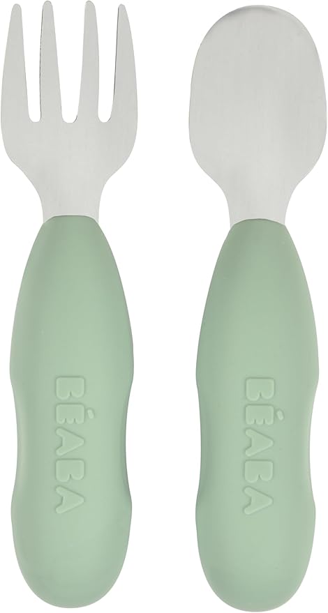 BEABA Set of 2 Stainless Steel Pre-Cutlery, Baby Toddler Stainless Steel with Silicone Utensils, Silverware Spoon Fork for Baby Toddler, Sage