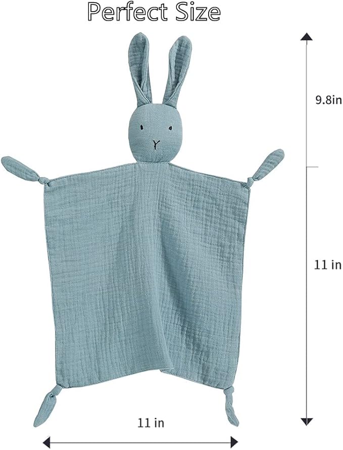 insular Bunny Lovey Blanket for Boys and Girls, Organic Cotton Muslin Security Blanket for Babies, Soft Breathable Lovie Soothing Towel for Newborn and Infant, 2 Pcs Set (Blue&Grey)
