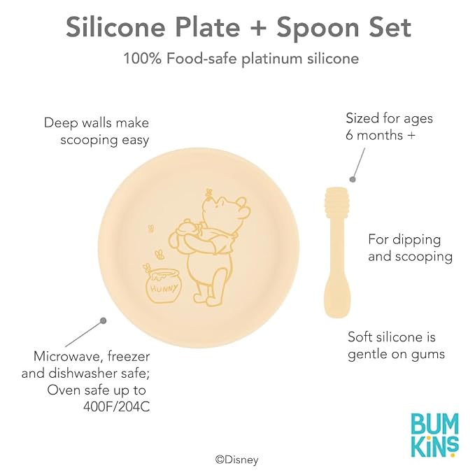 Bumkins Disney Baby and Toddler Plate and Spoon Set, Silicone Dish for Babies and Kids, Baby Led Weaning, Children Feeding Supplies, Microwave Safe, Platinum Silicone, Ages 6 Months, Winnie the Pooh