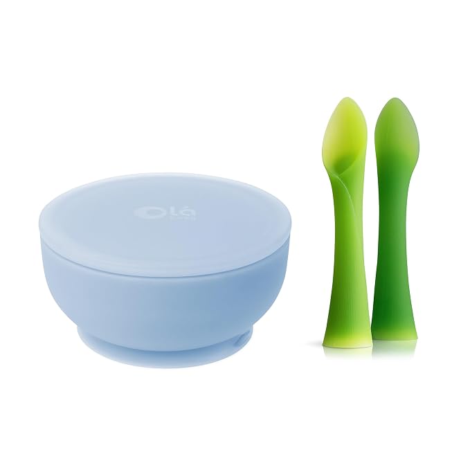 Olababy 100% Silicone Soft-Tip Training Spoon and Suction Bowl with Lid (Blueberry) Bundle