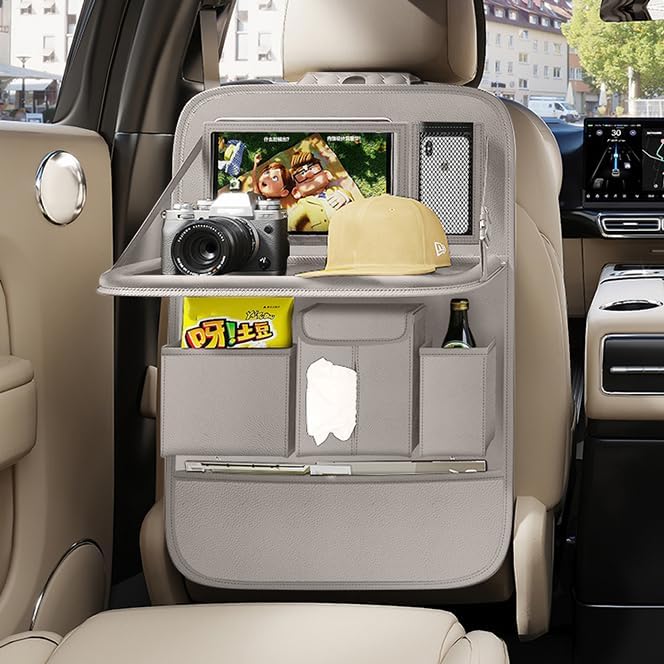 GMQ Back Seat Car Organizer 1 Pack,Backseat Organizer with Tray,Multifunctional Car Seat Back Storage Box with Foldable Tablet Holder (Grey, Plain weave)