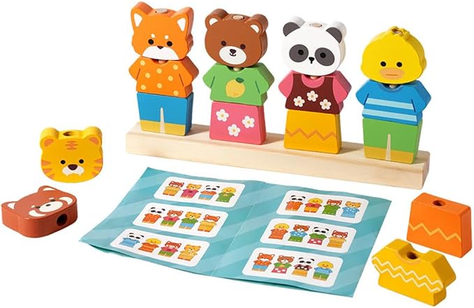Wooden Animal Dress Up Peg Stacking Toy, Mix & Match Outfit Matching Game with Guide Cards