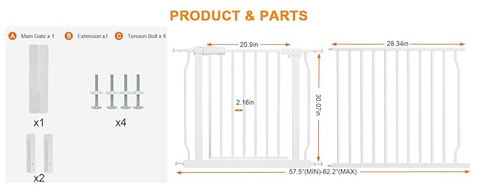 Extra Wide Baby Gate Extra Tall Dog Gate for Stairs Doorways White Metal Tension Child Pet Safety Gates with Pressure Mount 57.5-62 Inch