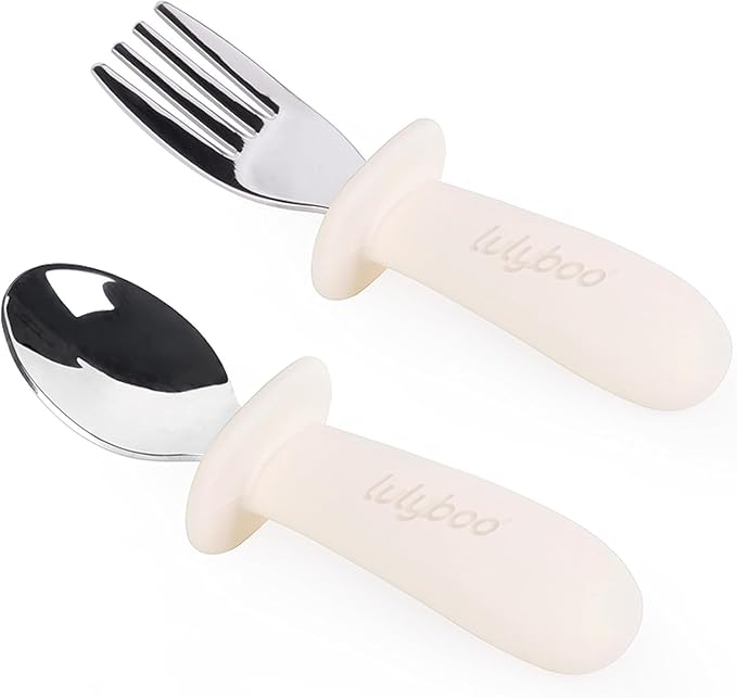 Lulyboo Baby Silverware Set - Self-Feeding Toddler Fork & Spoon with Easy-Grip Handles, Stainless Steel, BPA-Free, Dishwasher Safe, Perfect for 4+ Months (Ivory)