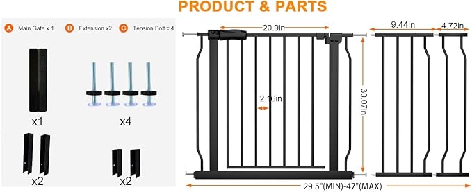 30" Tall Extra Wide Baby Gate for Doorway Indoor Dog Gates for The House Stairs Large Long Pet Gates for Dogs Safety Auto Close Hardware Pressure Mounted Gate (29.5"-47" Wide)