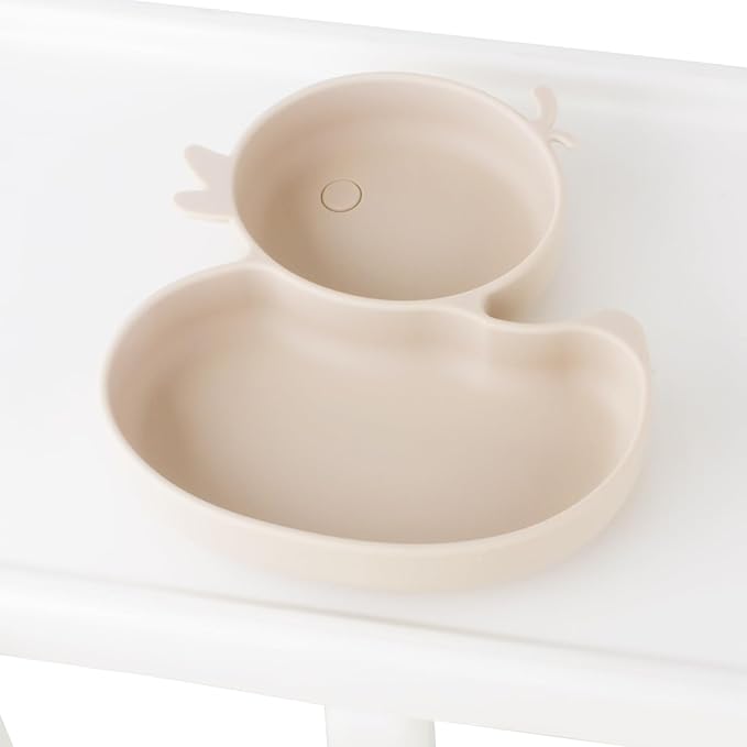 Baby Suction Plate, Silicone Toddler Plate for Kids Baby Weaning Plate Strong Suction Divided Dish with Fork Spoon, BPA Free (Orange) (Beige)