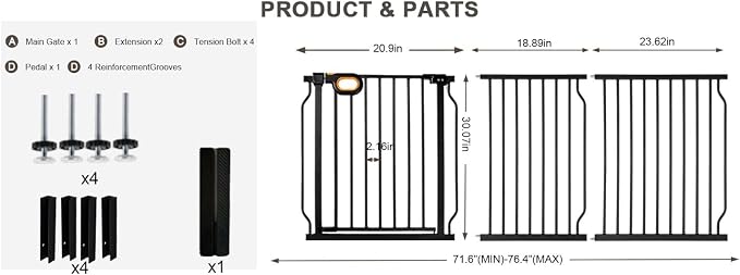 Baby Gates Extra Wide for Doorways 71.6-76.4 Inch Extra Wide Pressure Mounted Baby Dog Gate for the House Indoor Large Openning Metal Safety Gate No Drilling with Walk-Through Door,Black