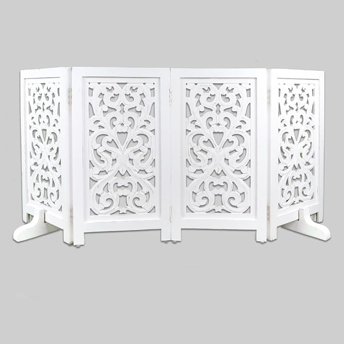Decorative Wooden Pet Gate, Dog Fence, Cat Gate, Foldable, Adjustable, Portable, Extra-Wide, Wooden Dog Barrier, Free-Standing Puppy Gate 4 Panels for Indoor, Doorways, Stairs-26x52 Inch White Antique