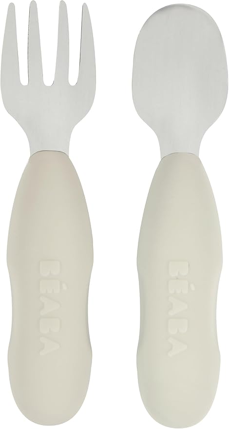 BEABA Set of 2 Stainless Steel Pre-Cutlery Spoon and Fork Set, Baby Toddler Stainless Steel with Silicone Utensil Set, Baby Toddler Spoon Fork Silverware Set, Grey