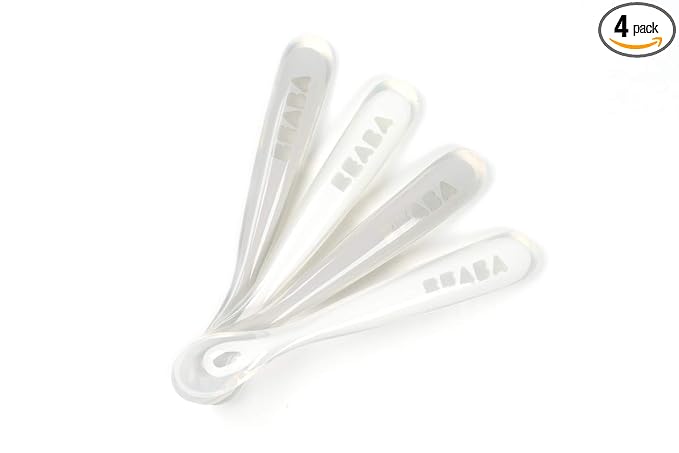 BEABA First Stage Baby Feeding Spoon Set, THE ORIGINAL Soft Tip Silicone Spoons for Babies, Gum Friendly BPA Lead Phthalate and Plastic Free, Great Gift Set (4 Pack), Cloud