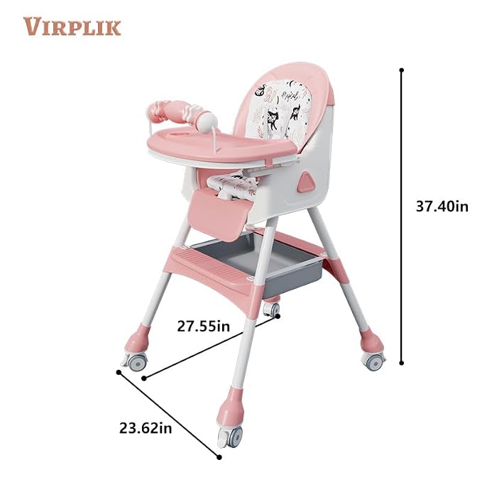 Foldable 4-in-1 Baby High Chair for Babies & Toddlers, High Chair with Detachable PU Cushion, Removable Tray, Adjustable Height, Locking Wheels,Pink