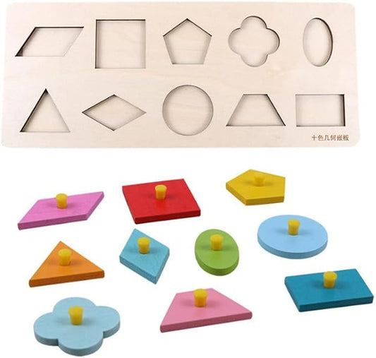 Montessori 10-Color Shape Puzzle Board, Wooden Geometry Peg Puzzle for Toddlers