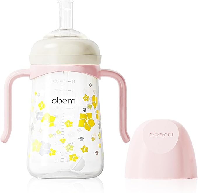 No Spill Sippy Cups,Weighted Straw Toddler Water Bottle with Handle,Spill Proof Toddler Cup with 2 Nipple for Baby 6-12 Months and Toddlers 1-3 (PP, 8 Ounce, Pink, 1 Pack)