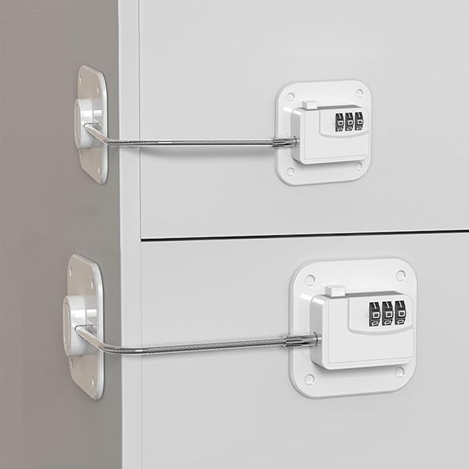 Refrigerator Lock (4 Pack), Heavy Duty Combination Fridge Lock, for Fridge, Cabinets, Window, Drawers and Child Safety Cabinet Lock, Strong Non-Marking Adhesive No Drilling (White)