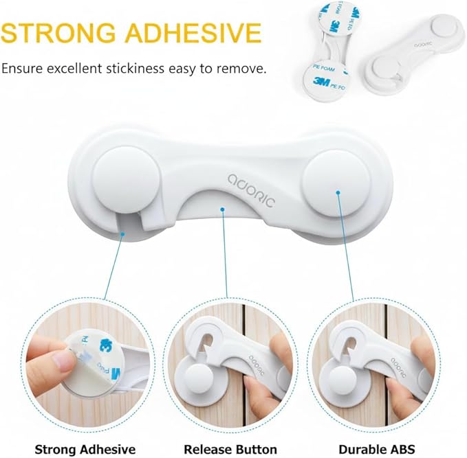 Adoric Cabinet Locks Baby Proofing (4-Pack) - Child Proof Safety Locks for Kitchen Drawers, Closets & Storage - No Drilling, Strong Adhesive Design for Toddler Protection (White)