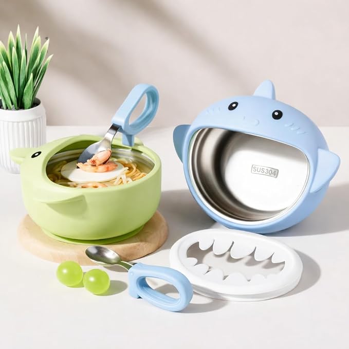 Silicone Suction Baby Bowl,Stainless Steel Insert,BPA-Free,Microwave & Dishwasher Safe,No-Spill Weaning Set with Spoon & Fork– Easy Clean,Self-Feeding Training for Toddlers (Baby Blue)
