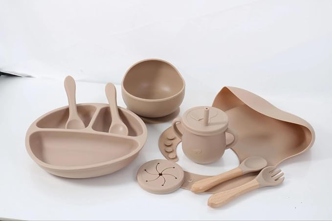 BPA-FREE 7-Piece Silicone Baby Feeding Set, Non-Toxic Plates and Utensils, Includes Divided Plate, Suction Bowl, Sippy Cup, Bib, Spoons and Fork (beige)