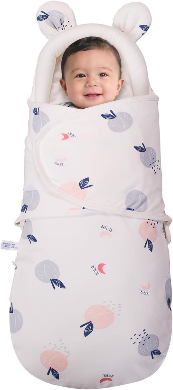 Newborn Baby Swaddle Blanket with Bear Ears, Soft Breathable Wrap for 0-6 Months, Easy Change Receiving Blanket, All-Season Nursery Gift, Sweet Peach Print