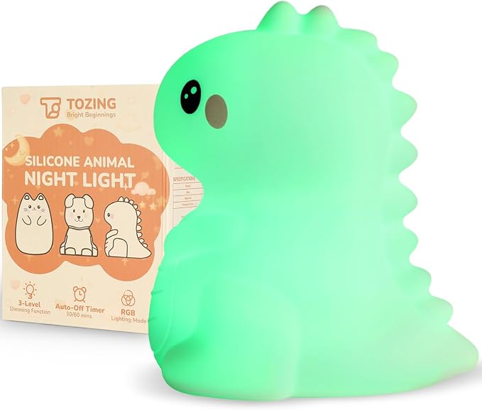 Night Light for Kids, LED Dinosaurs Squishy Animal Lamp for Baby, Soft Silicone Dimmable Bedside Touch Light with Timer, Battery Rechargeable Nightlight Boys Gifts Cute Room Decor