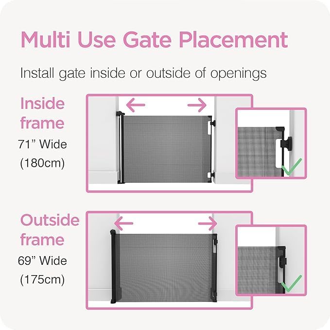 Retractable Baby Gate Perma Child Safety 33" Tall x 71??Wide, Mesh, for Stairs, Doorways, Dogs, Pets, Indoor, Outdoor, One-Handed Operation, Locking, Easy Install, Hardware Mount, White