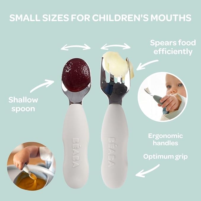 BEABA Set of 2 Stainless Steel Pre-Cutlery, Baby Toddler Stainless Steel with Silicone Utensils, Silverware Spoon Fork for Baby Toddler, Sage
