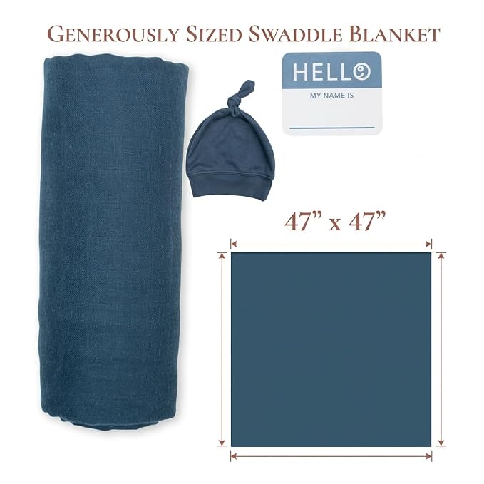 Lulujo Birth Announcement Hat & Swaddle Blanket Set| Unisex Softest Bamboo Viscose Muslin Baby Swaddle Blanket| Receiving Blanket | 47in x 47in| Navy