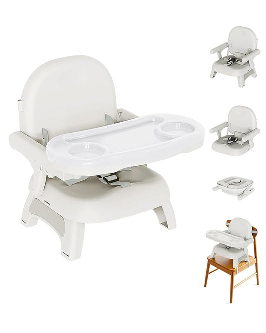 Booster Seat for Kitchen Chair, 3-in-1 Foldable & Portable Booster Seat with Tray, Extra Dishwasher-Safe Tray, Safety Straps for 6??8M (Up to 30 lbs), for Dining Table, Travel & Camping, Gray