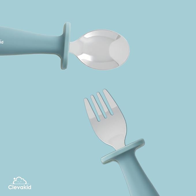 Toddler Stainless Steel Spoon & Fork Set, Non-Slip Silicone Handle, BPA-Free, Self-Feeding (Blue Light)