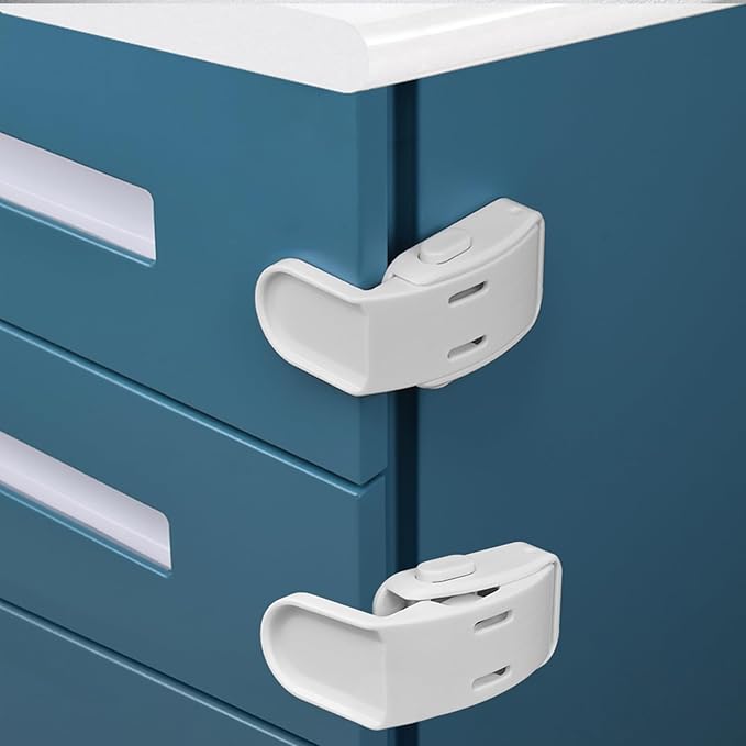 4 Pack Drawer Locks Baby Proofing, Maveek Child Proof Cabinet Locks For 0-12 Month Baby Safety Botton Lock For Drawers Side Furniture Latches Corner Edges (White)